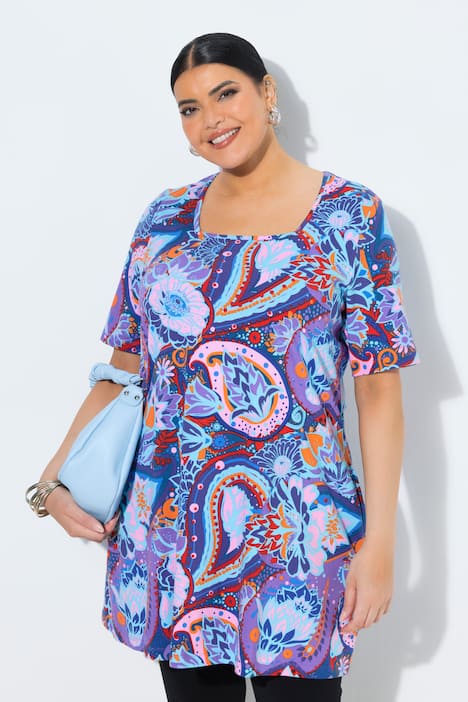 Longshirt, gemustert, Carré-Ausschnitt, Halbarm, Taschen