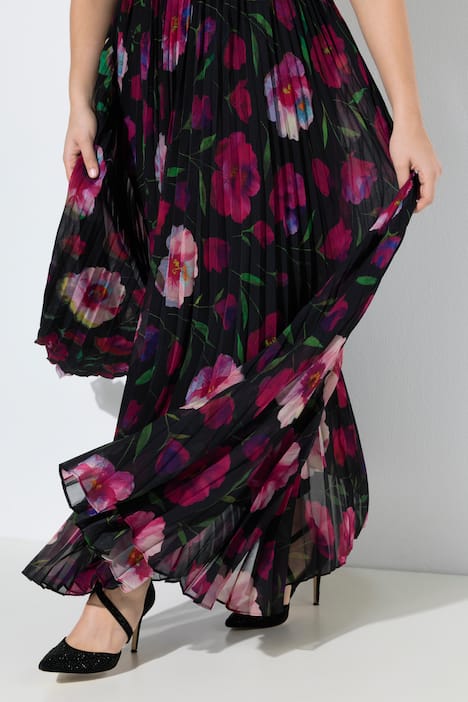 Pleated Floral Print Empire Waist Gown