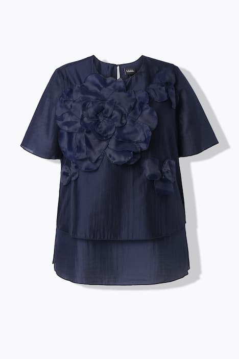 Bluzka szyfonowa, aplikacje kwiatowe, okrągły dekolt