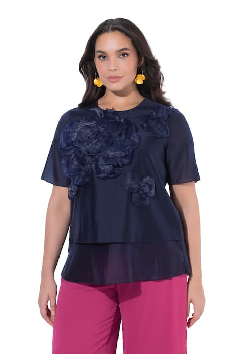 Šifonová halenka, aplikace květů, kulatý výstřih