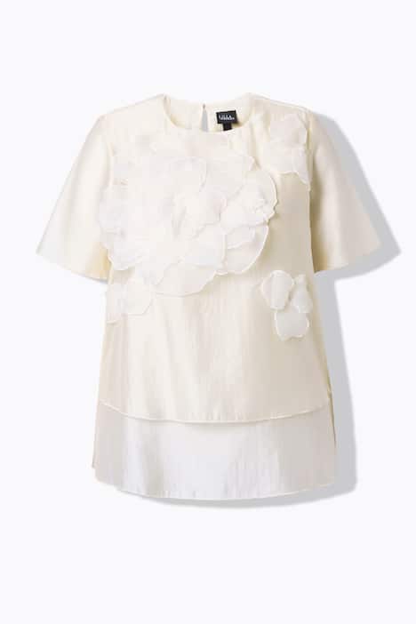 Bluzka szyfonowa, aplikacje kwiatowe, okrągły dekolt