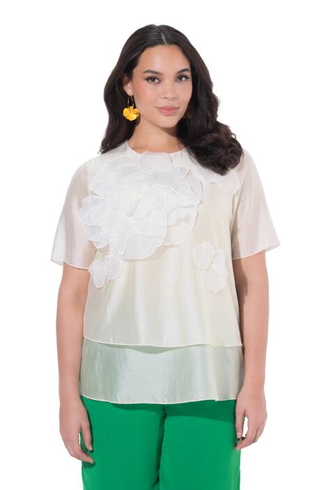 Šifonová halenka, aplikace květů, kulatý výstřih