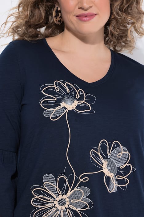 Shirt, Kordelstickerei, Rundhals, 3/4-Arm, Biobaumwolle