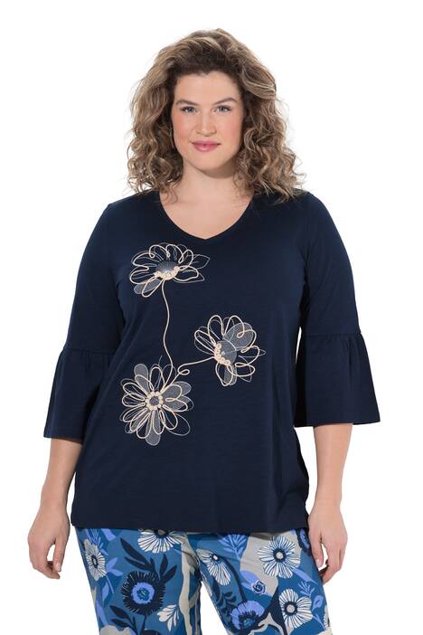 Halenka, výšivka, kulatý výstřih, 3/4 rukáv, bio-bavlna