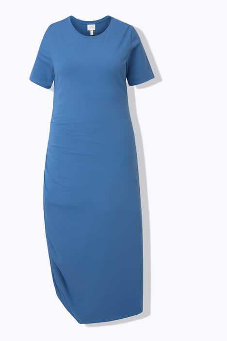 Maxi-jurk, gedrapeerd, ronde hals, korte mouwen. biologisch katoen