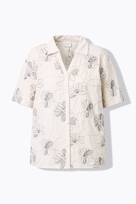 Surchemise en coton bio, avec broderies, col chemise et manches&nbsp;3/4