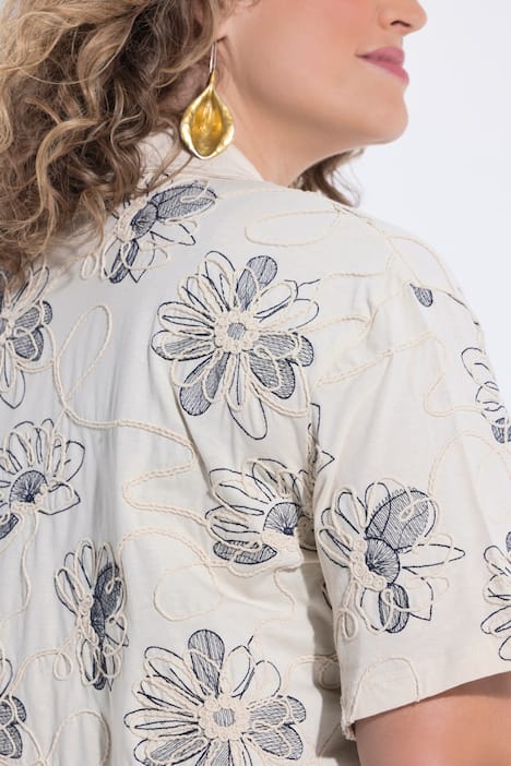 Surchemise en coton bio, avec broderies, col chemise et manches&nbsp;3/4