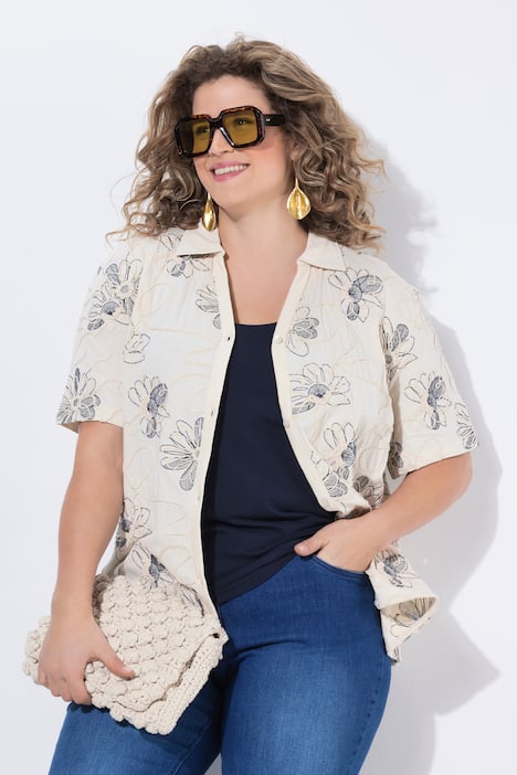 Surchemise en coton bio, avec broderies, col chemise et manches&nbsp;3/4