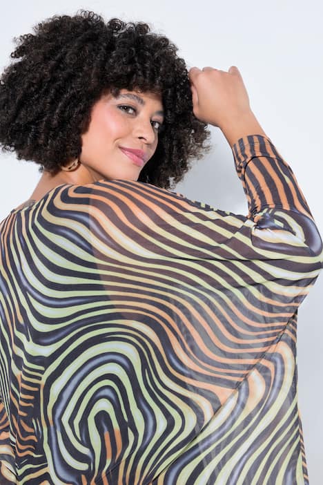 Bluse, oversized, Mesh, Wellenmuster, blickdichtes Top