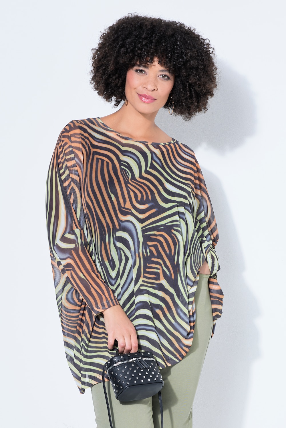 Bluse, oversized, Mesh, Wellenmuster, blickdichtes Top