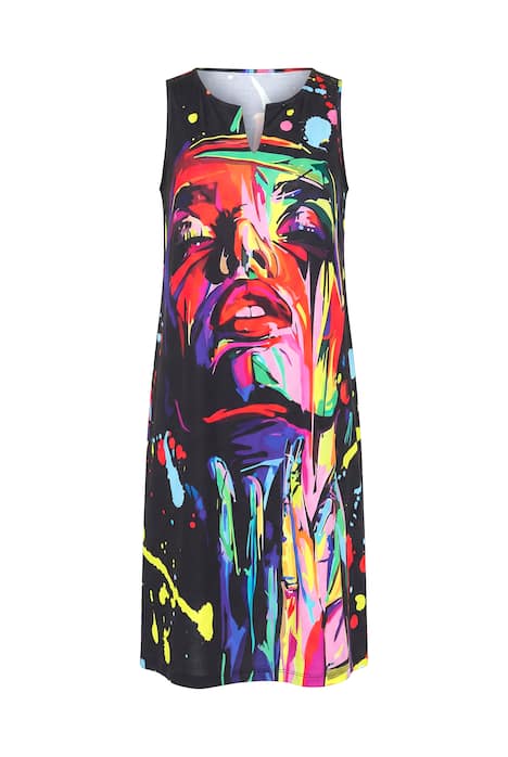 Žerzejové šaty, áčkový střih, midi délka, potisk, bez rukávů