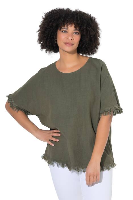 Blusenshirt, Oversize Fit, Leinenanteil, Fransen