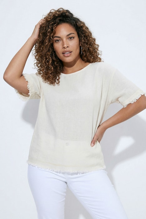 Blusenshirt, Oversize Fit, Leinenanteil, Fransen