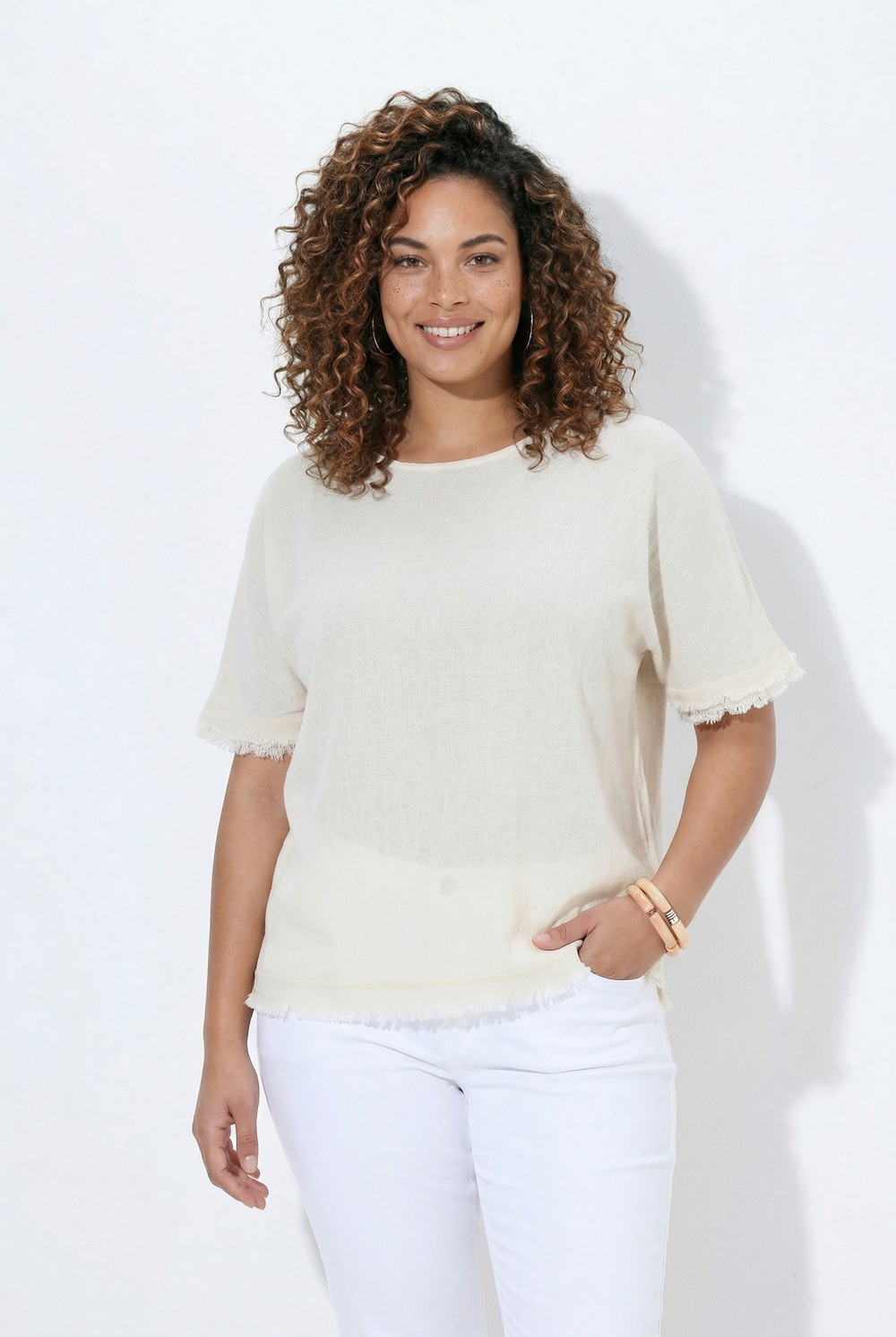 Overhemdblouse, Oversized Fit, met linnen, franjes