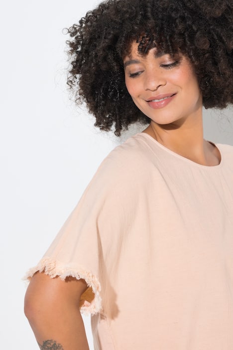 Overhemdblouse, Oversized Fit, met linnen, franjes