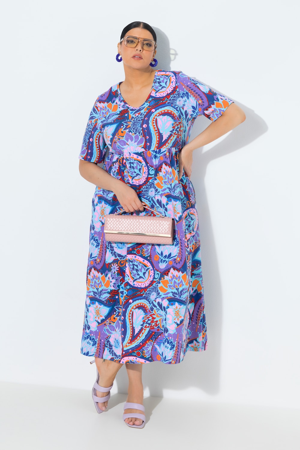 Maxikleid, A-Linie, V-Ausschnitt, Halbarm, Taschen