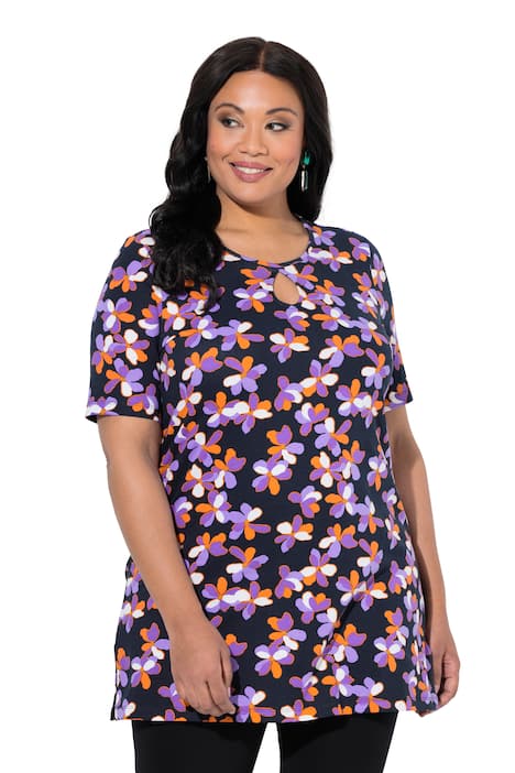 Dlouhé tričko, vzorované, s průstřihem, kulatý výstřih, polo rukávy