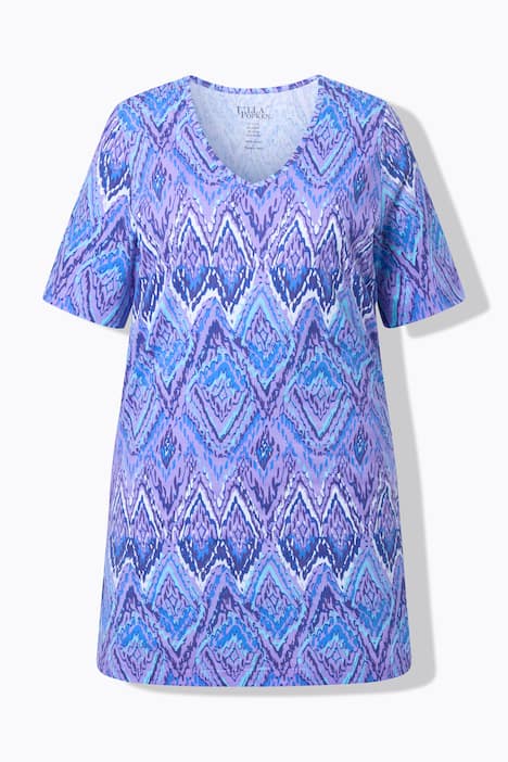 Długa bluzka, graficzny nadruk, dekolt w serek, rękaw 1/2