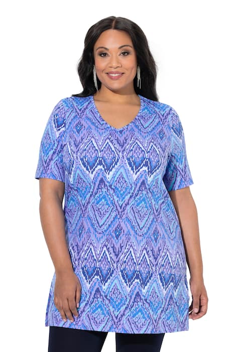 Tunika, grafický potisk, V výstřih, polo rukávy