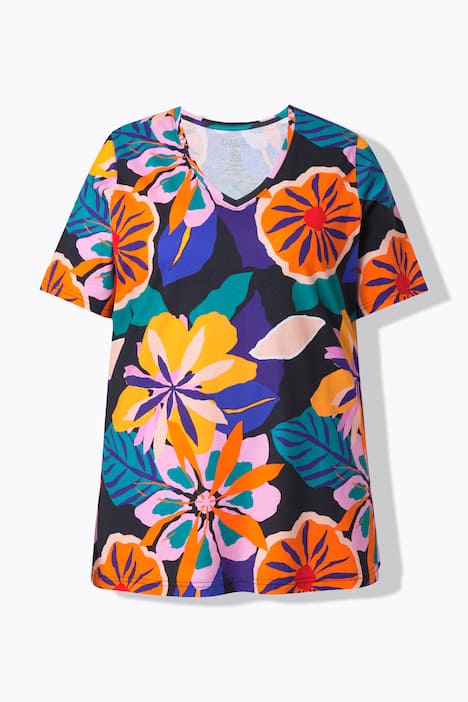 T-shirt, bloemen, V-hals, korte mouwen