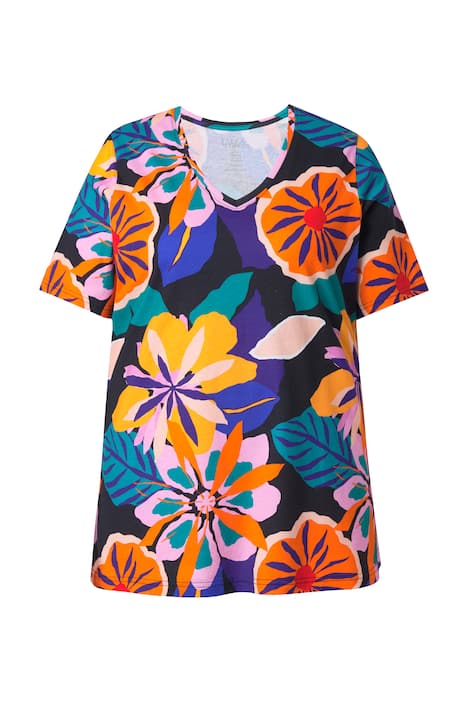 Tričko, květinový vzor, V výstřih, polo rukávy