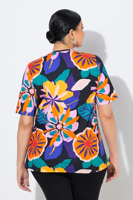 T-shirt, bloemen, V-hals, korte mouwen