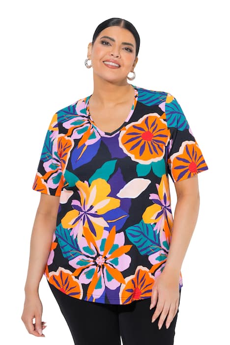 Tričko, květinový vzor, V výstřih, polo rukávy