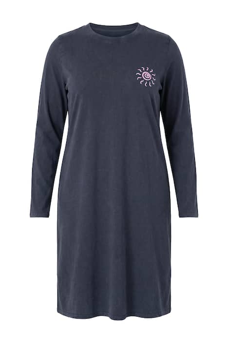 Žerzejové šaty, áčkový střih, střední délka, sluneční motiv, rozparky