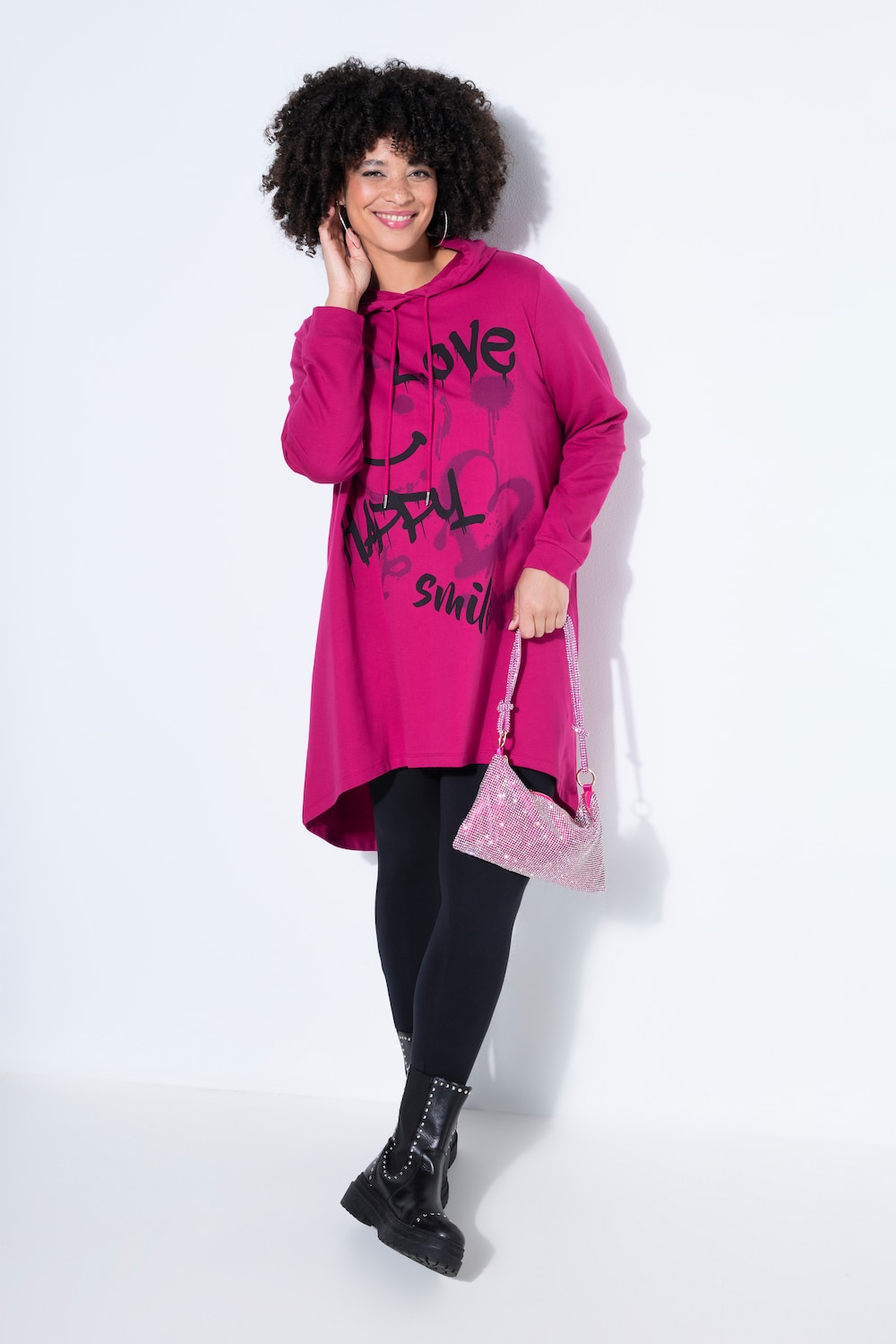 Hoodie, oversized, Smiley-Motiv mit Schriftzug, Kapuze