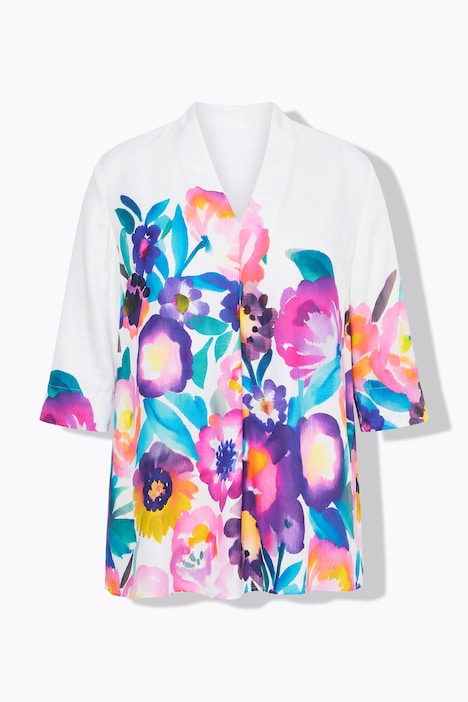 Satijnen blouse, bloemen, A-lijn, kelkkraag, driekwartmouwen