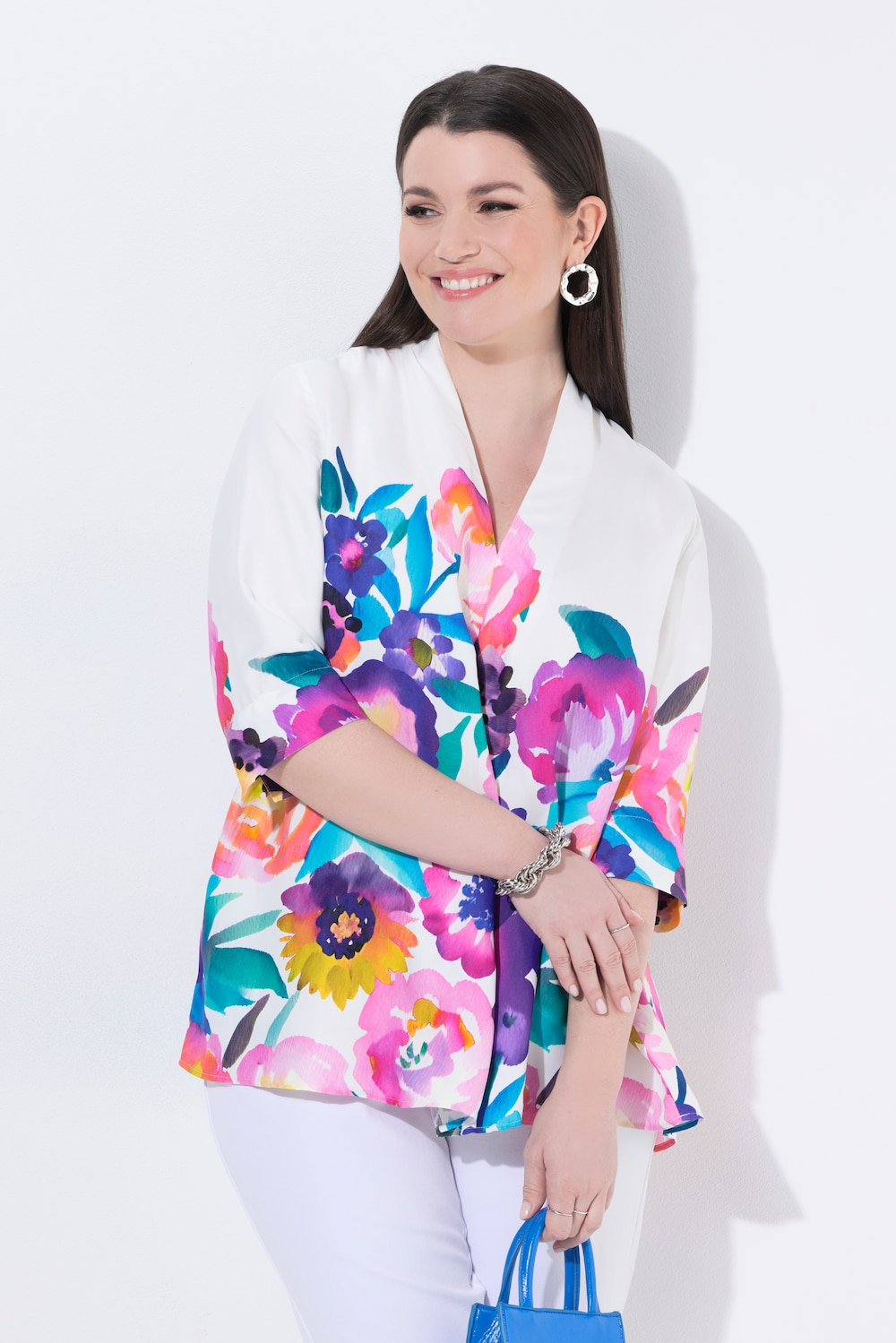 Satinbluse, Blüten, A-Linie, Kelchkragen, 3/4-Arm