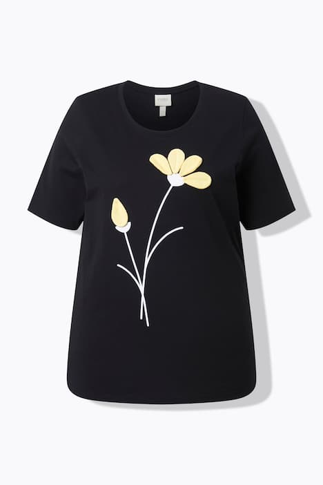 T-shirt in cotone biologico con fiori, scollo a girocollo e mezze maniche