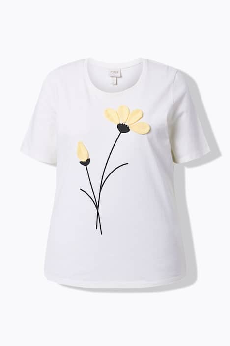T-shirt in cotone biologico con fiori, scollo a girocollo e mezze maniche