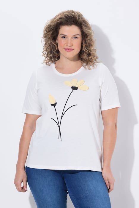 T-shirt in cotone biologico con fiori, scollo a girocollo e mezze maniche
