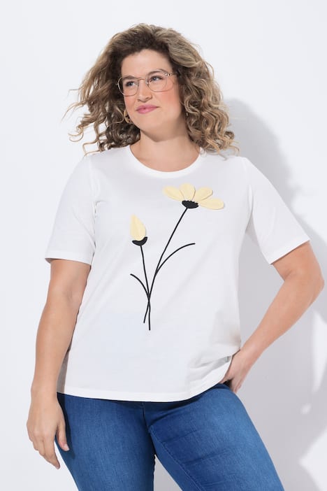T-shirt in cotone biologico con fiori, scollo a girocollo e mezze maniche