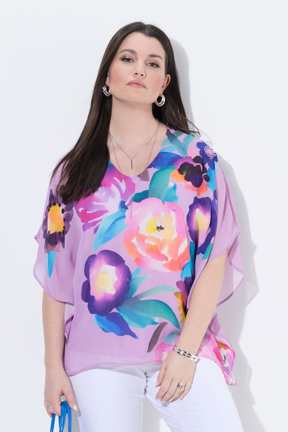 Chiffon blouse, bloemen, dubbellaags, V-hals, korte mouw