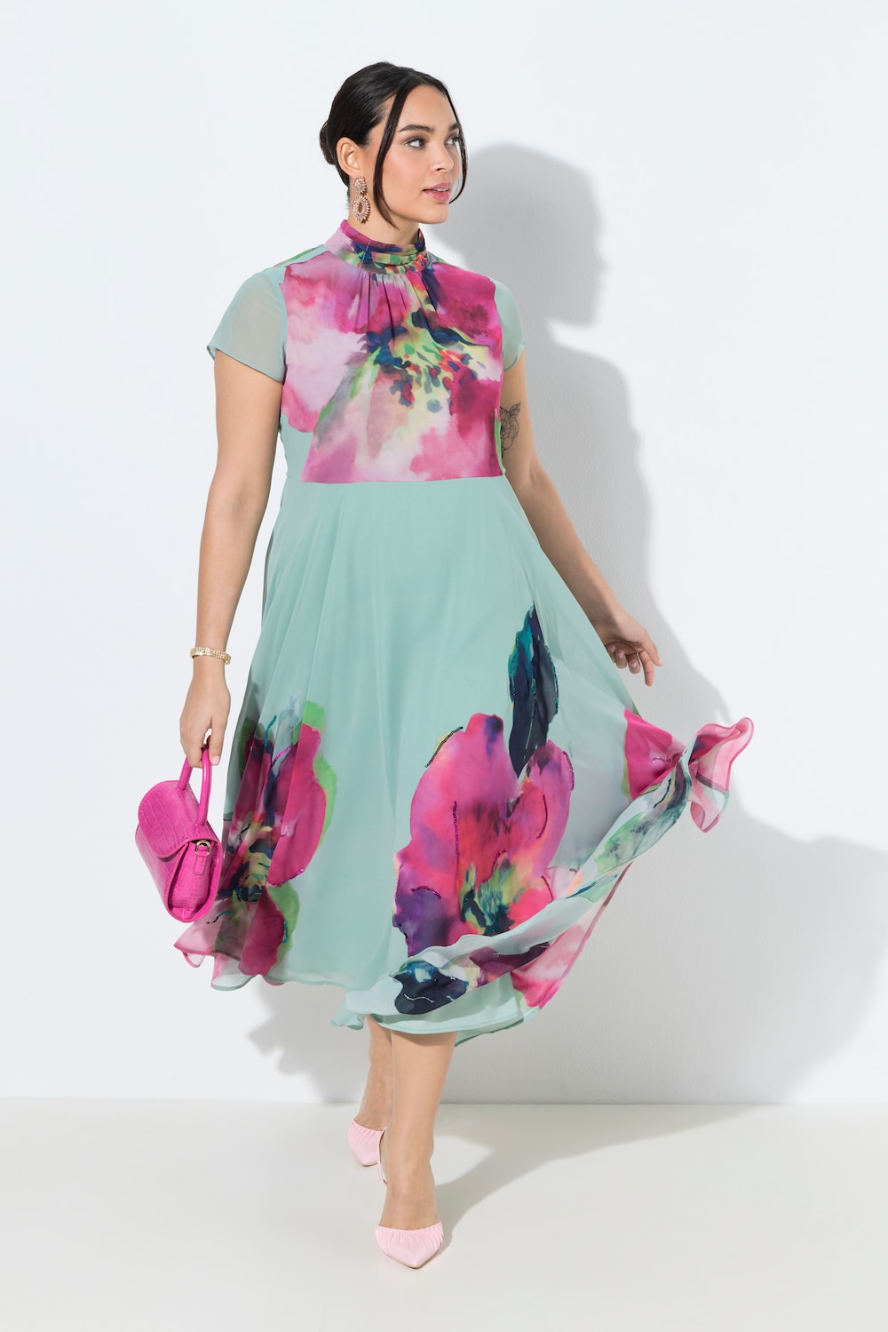 Maxikleid, Blüten, Pailletten, Stehkragen, ärmellos