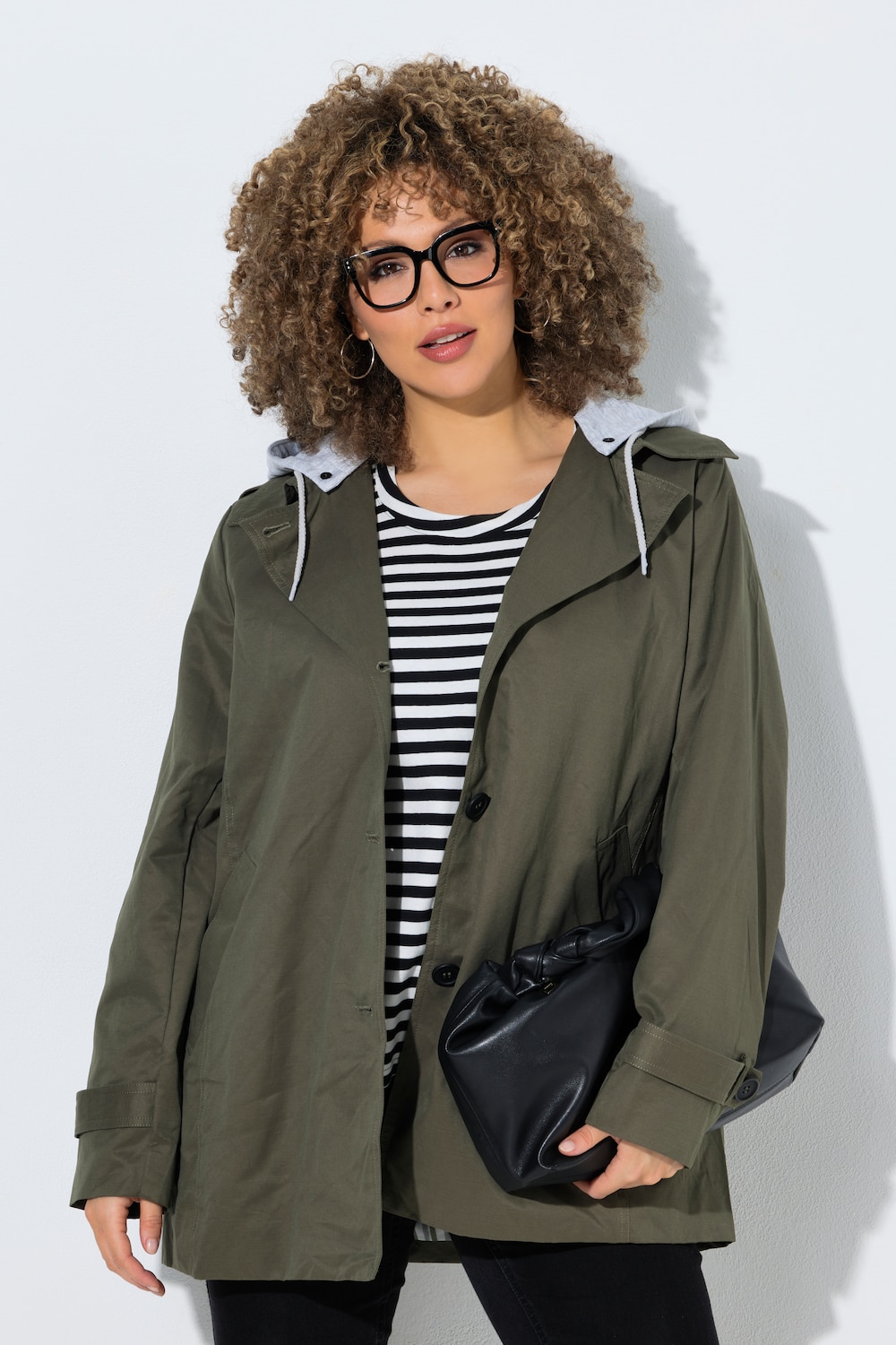 Trenchcoat, Jersey-Kapuze, A-Linie, Streifenfutter