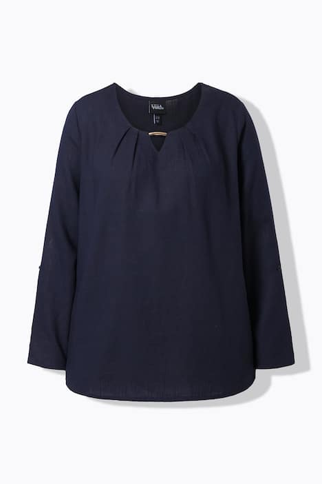 Blouse, linnenmix, siergesp, ronde hals, 3/4-mouwen