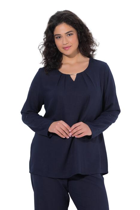 Halenka, lněná směs, ozdobná spona, kulatý výstřih, 3/4 rukáv