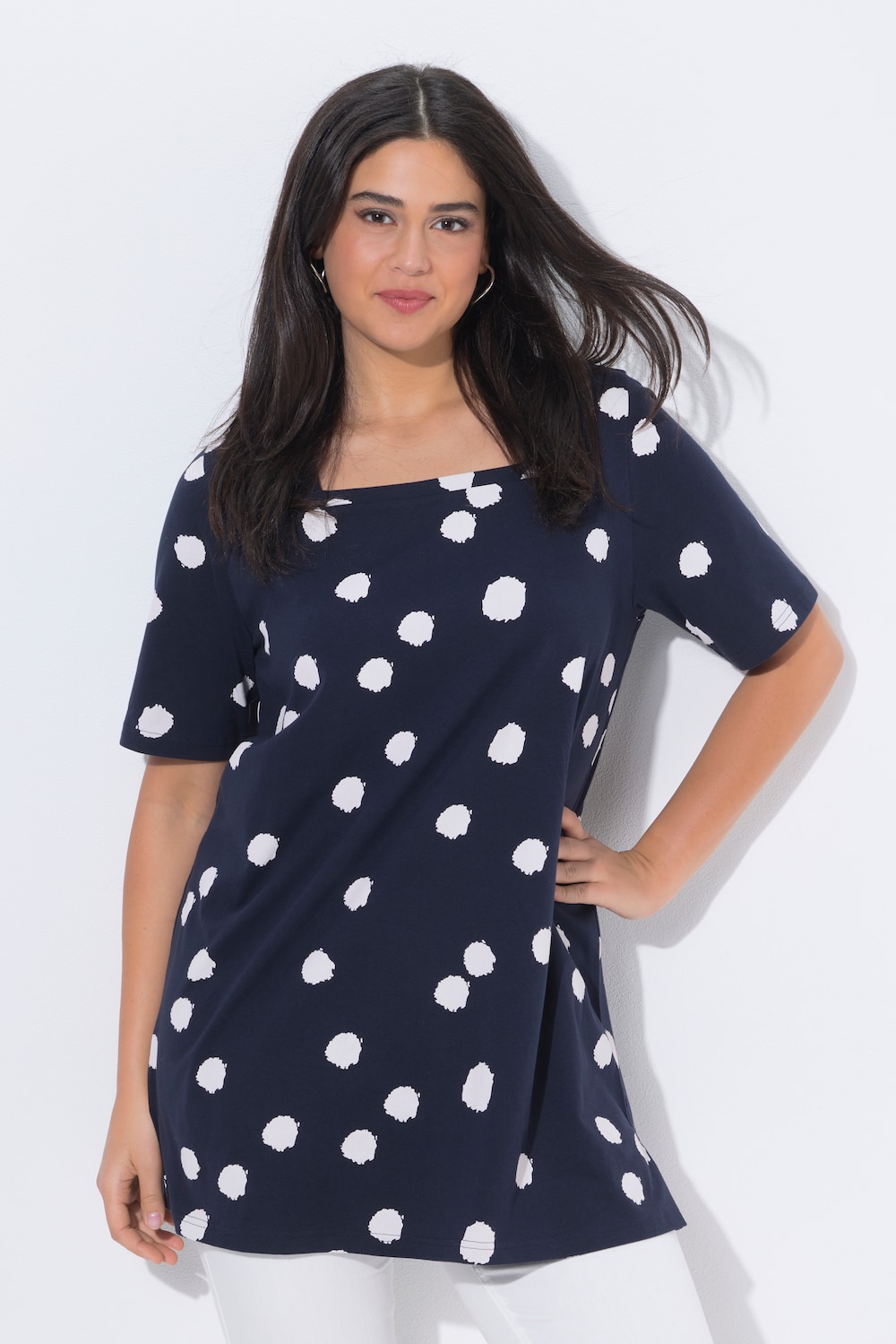 Longshirt, Punkte, A-Linie, Carré-Ausschnitt