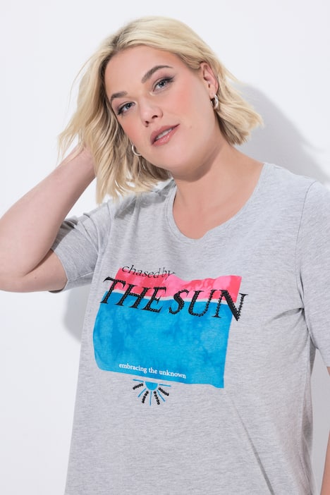 T-Shirt, Perlen, Motivdruck, Rundhals, Halbarm