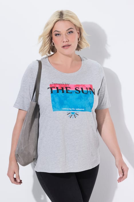 T-Shirt, Perlen, Motivdruck, Rundhals, Halbarm