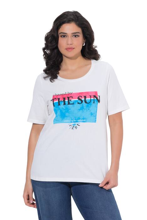 Tričko, perly, potisk, kulatý výstřih, polo rukávy