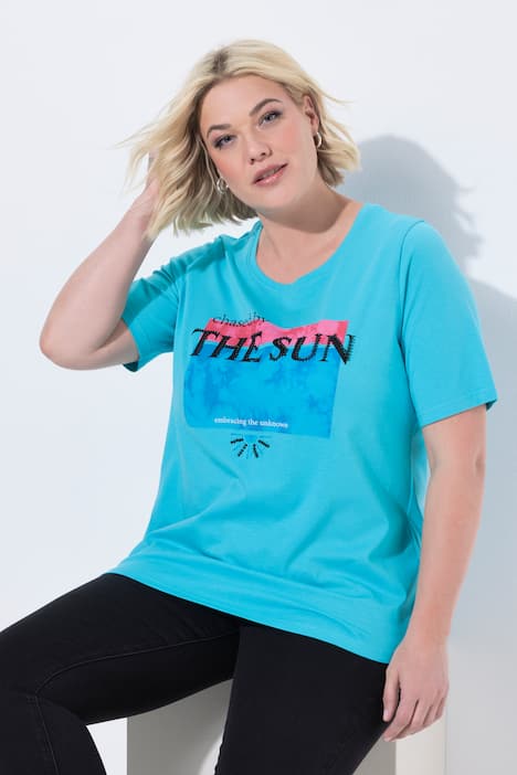 T-Shirt, Perlen, Motivdruck, Rundhals, Halbarm