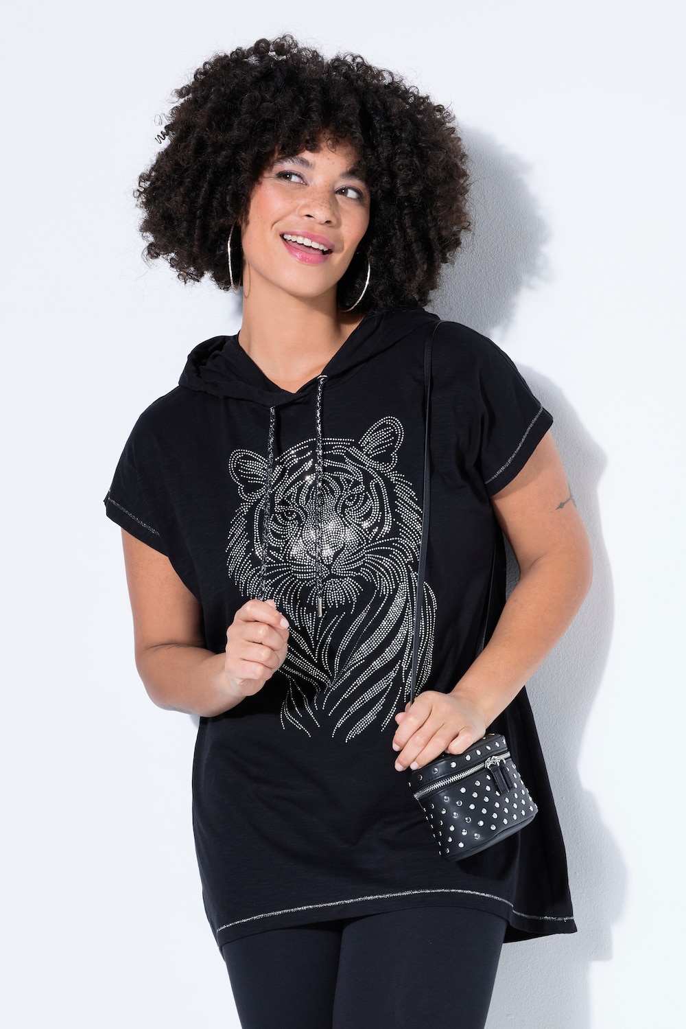 T-Shirt, Komfort Fit, , Kapuze, Glitzersteinchen-Tiger