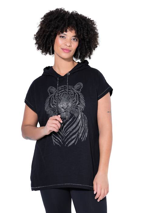 Tričko, komfortní střih, kapuce, tygr ze třpytivých kamínků