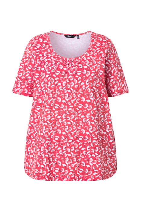 Tričko, jahody, ozdobné záhyby, áčkový střih, kulatý výstřih, polo rukávy