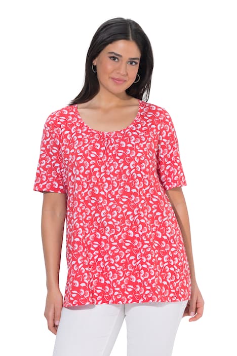 Tričko, jahody, ozdobné záhyby, áčkový střih, kulatý výstřih, polo rukávy