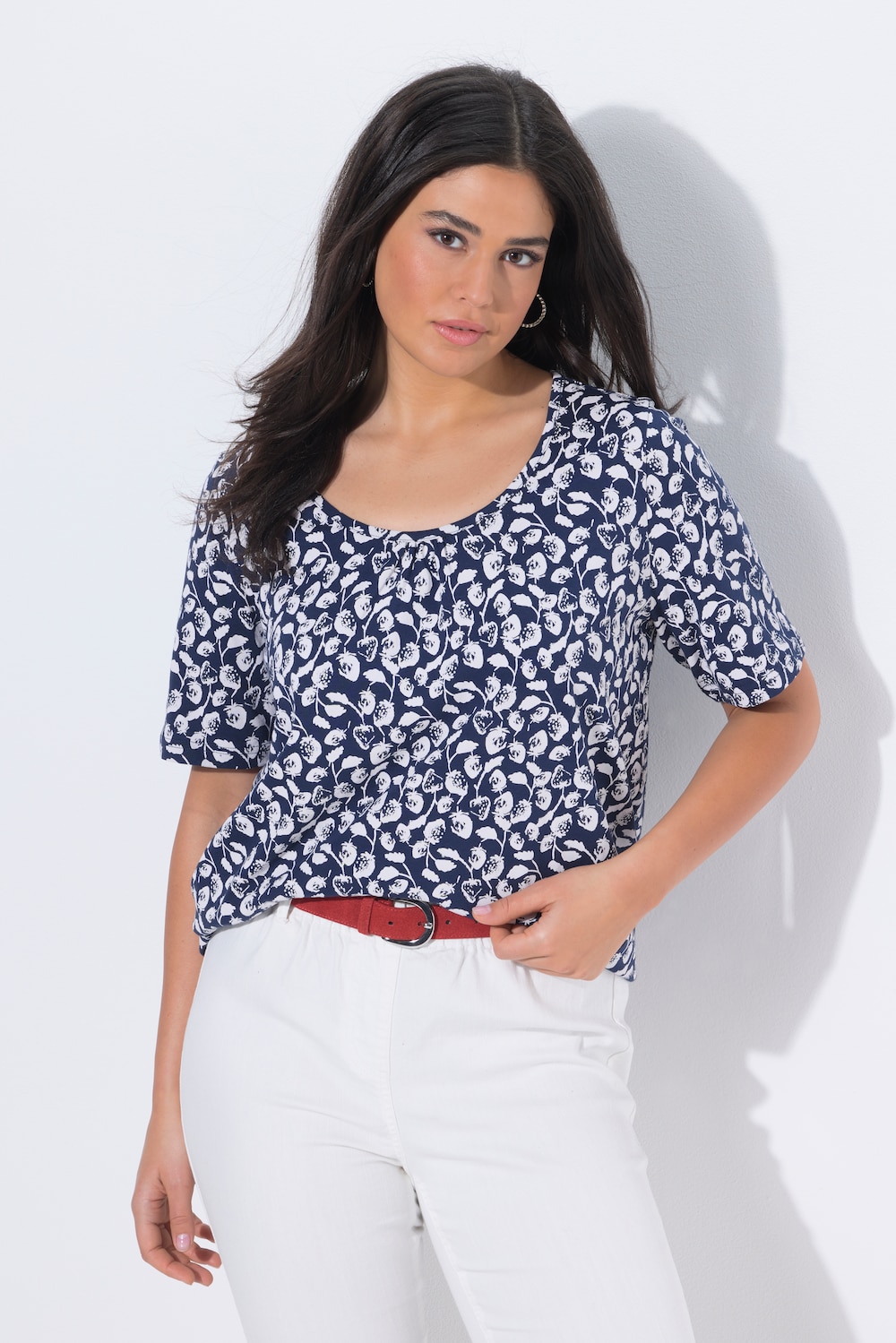 T-skjorte, jordbær, dekorative folder, A-linje, rund hals, halve ermer